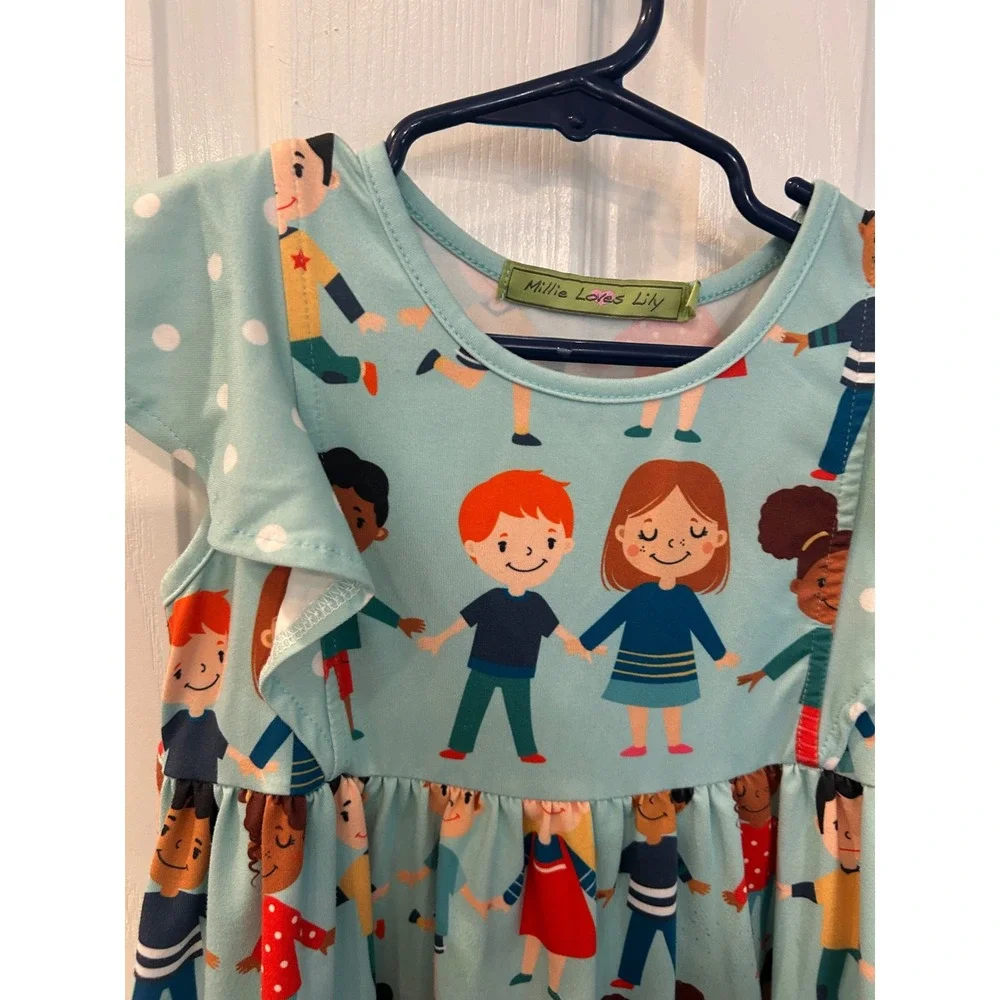 Millie Loves Lily Dress Blue‎ Kids Holding Hands Ruffle Flutter Sleeve Size 5